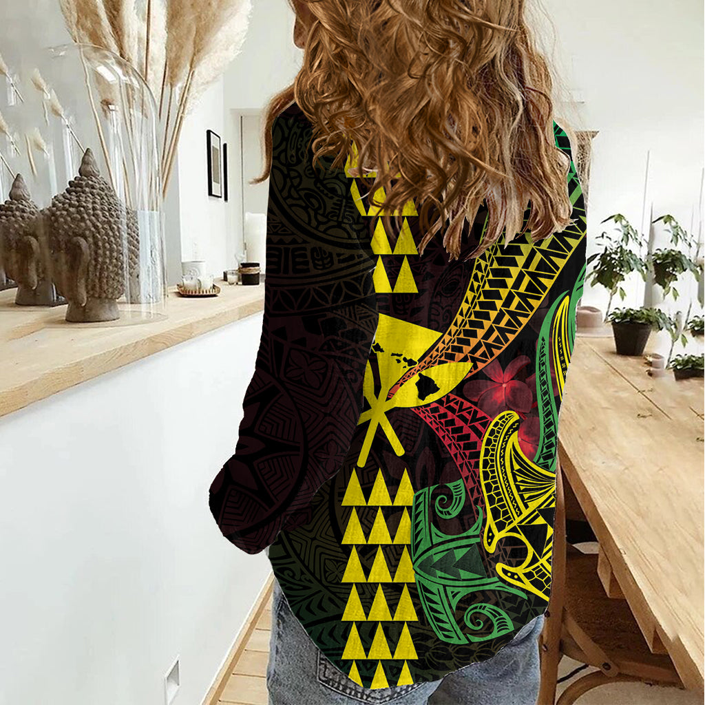 Hawaii Kakau Hammerhead Shark Women Casual Shirt Neon Plumeria Pattern