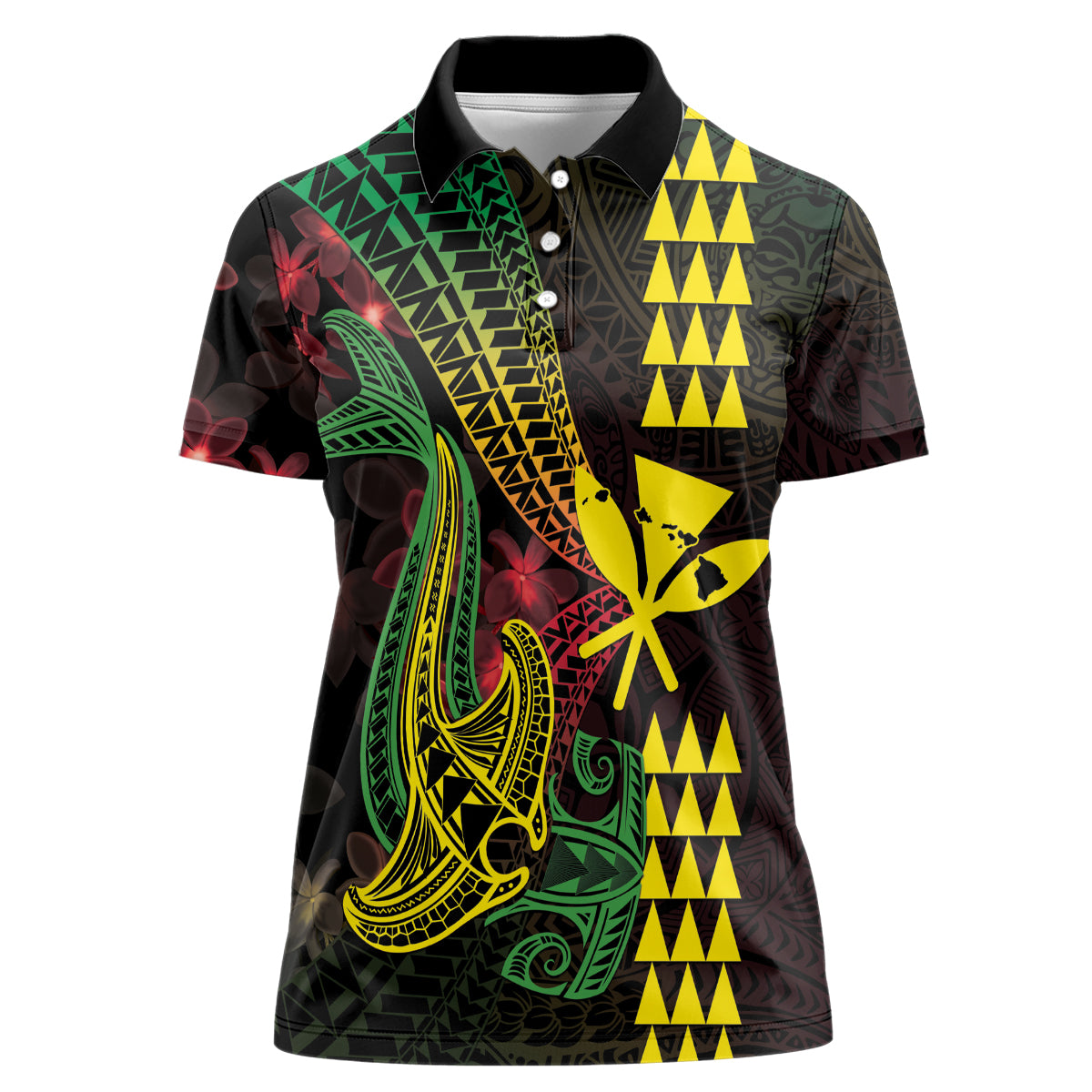 Hawaii Kakau Hammerhead Shark Women Polo Shirt Neon Plumeria Pattern