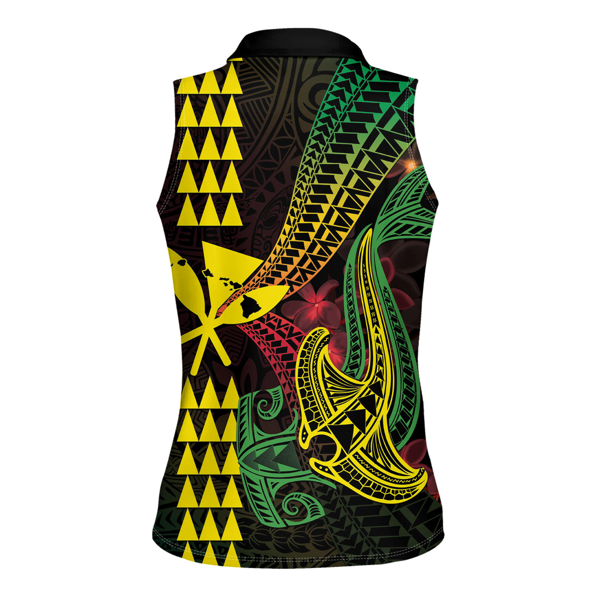 Hawaii Kakau Hammerhead Shark Women Sleeveless Polo Shirt Neon Plumeria Pattern