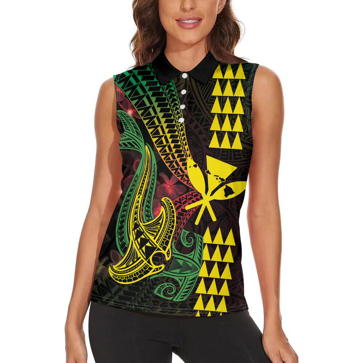 Hawaii Kakau Hammerhead Shark Women Sleeveless Polo Shirt Neon Plumeria Pattern