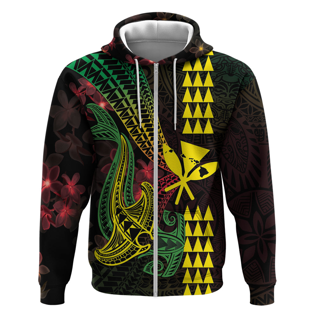 Hawaii Kakau Hammerhead Shark Zip Hoodie Neon Plumeria Pattern