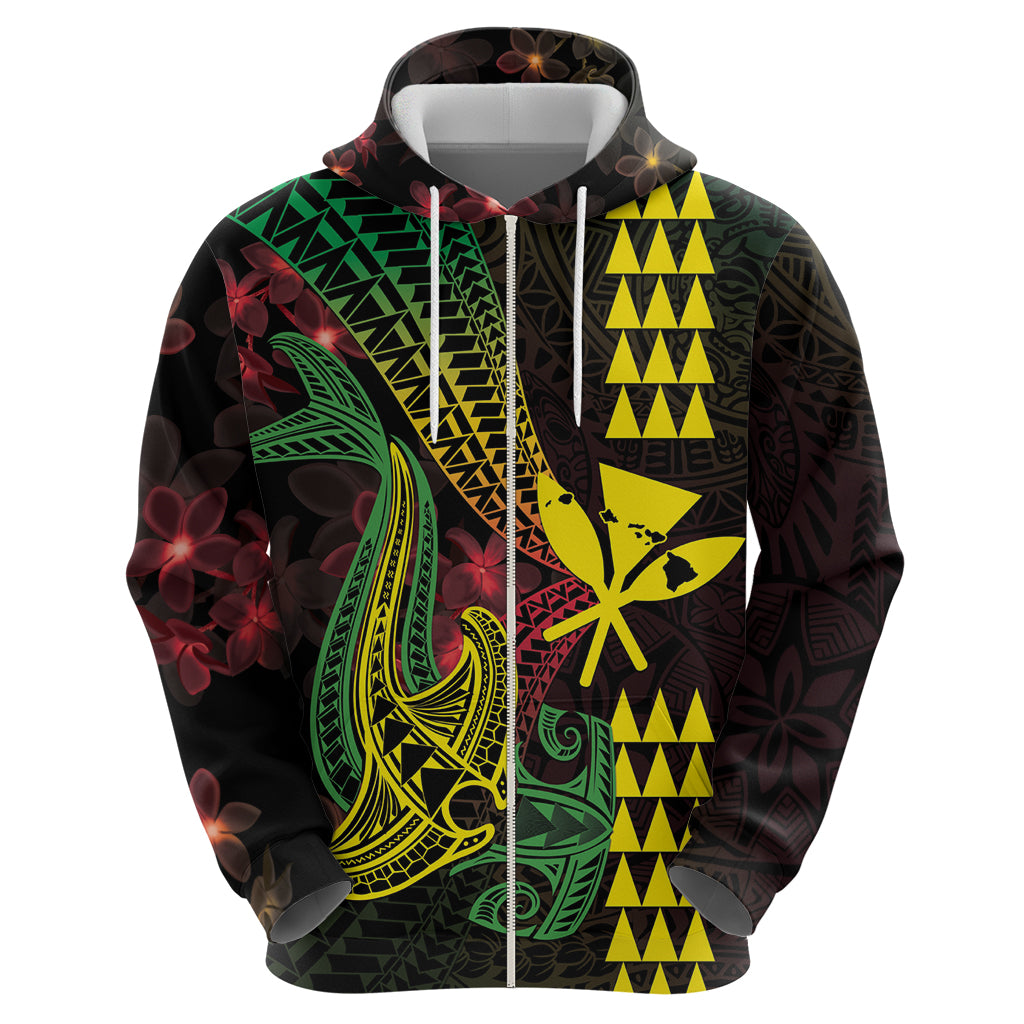 Hawaii Kakau Hammerhead Shark Zip Hoodie Neon Plumeria Pattern