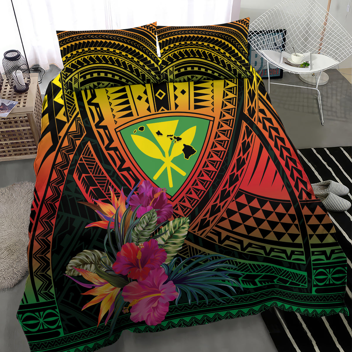Hawaii Kanaka Maoli Flag Day Bedding Set Tropical Flowers