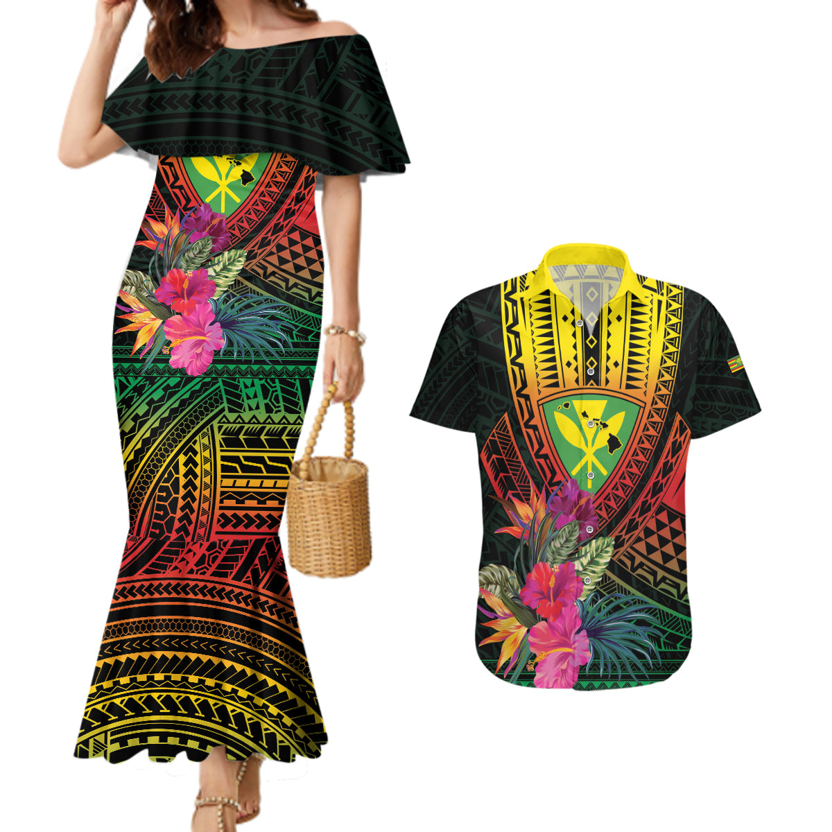Hawaii Kanaka Maoli Flag Day Couples Matching Mermaid Dress and Hawaiian Shirt Tropical Flowers