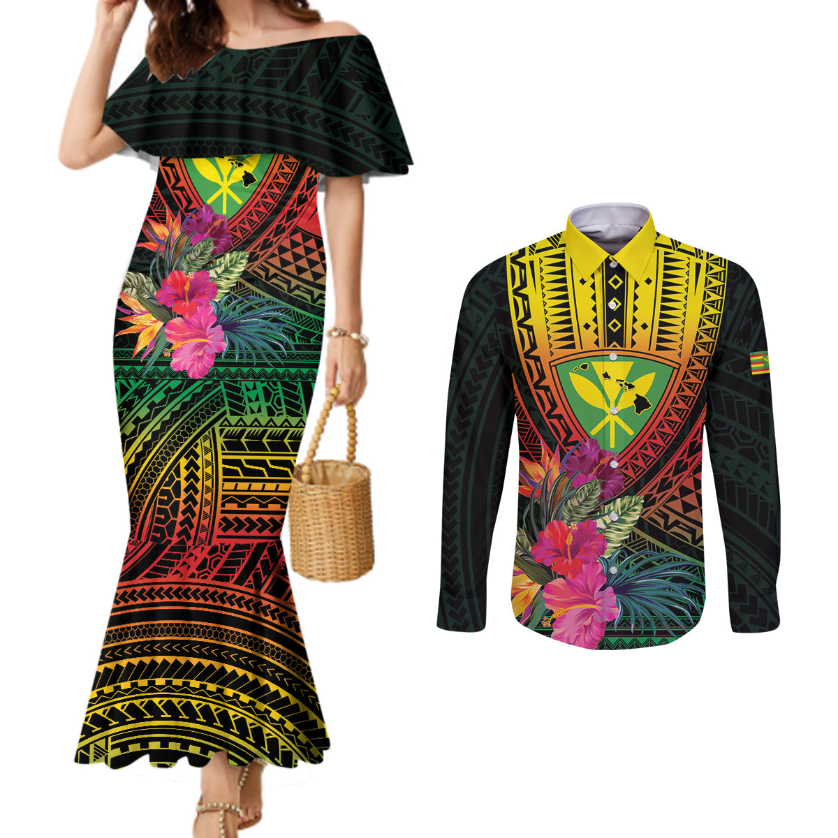 Hawaii Kanaka Maoli Flag Day Couples Matching Mermaid Dress and Long Sleeve Button Shirt Tropical Flowers
