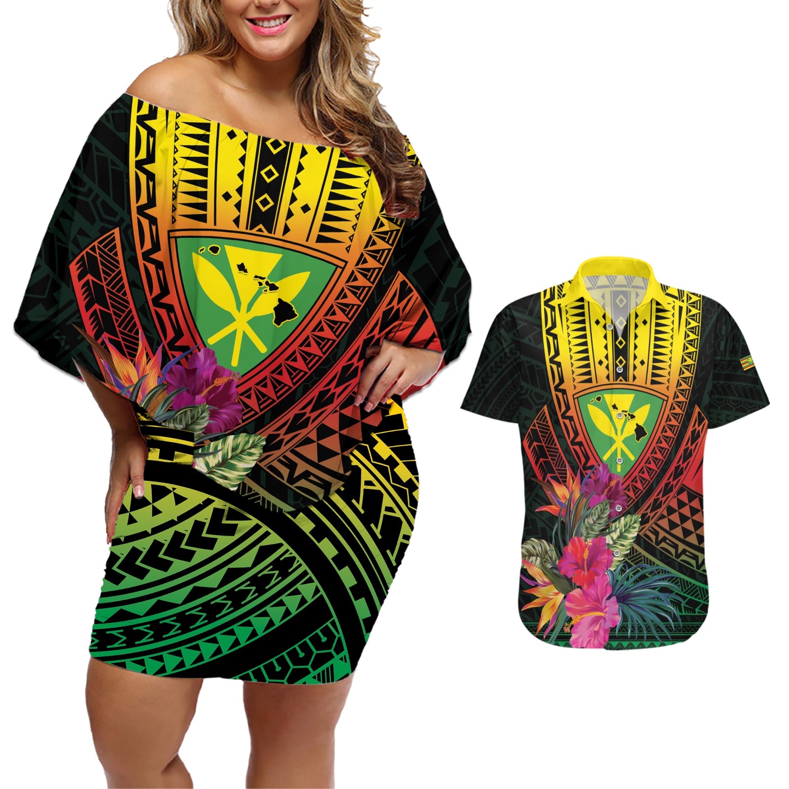 Hawaii Kanaka Maoli Flag Day Couples Matching Off Shoulder Short Dress and Hawaiian Shirt Tropical Flowers