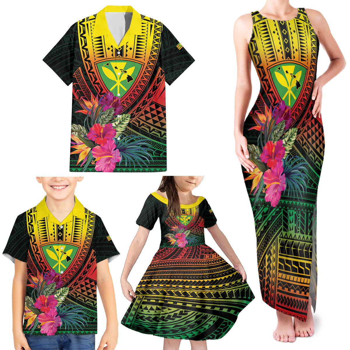 Hawaii Kanaka Maoli Flag Day Family Matching Tank Maxi Dress and Hawaiian Shirt Tropical Flowers