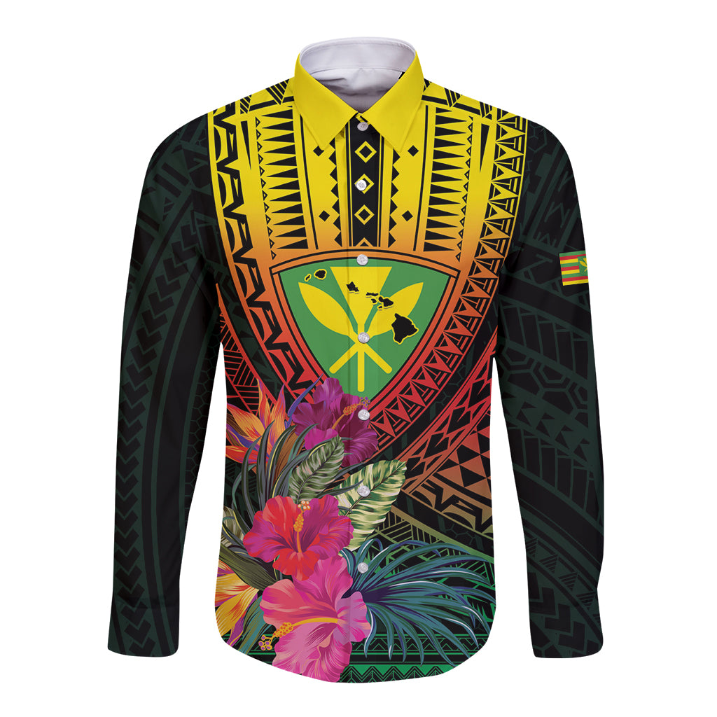 Hawaii Kanaka Maoli Flag Day Long Sleeve Button Shirt Tropical Flowers