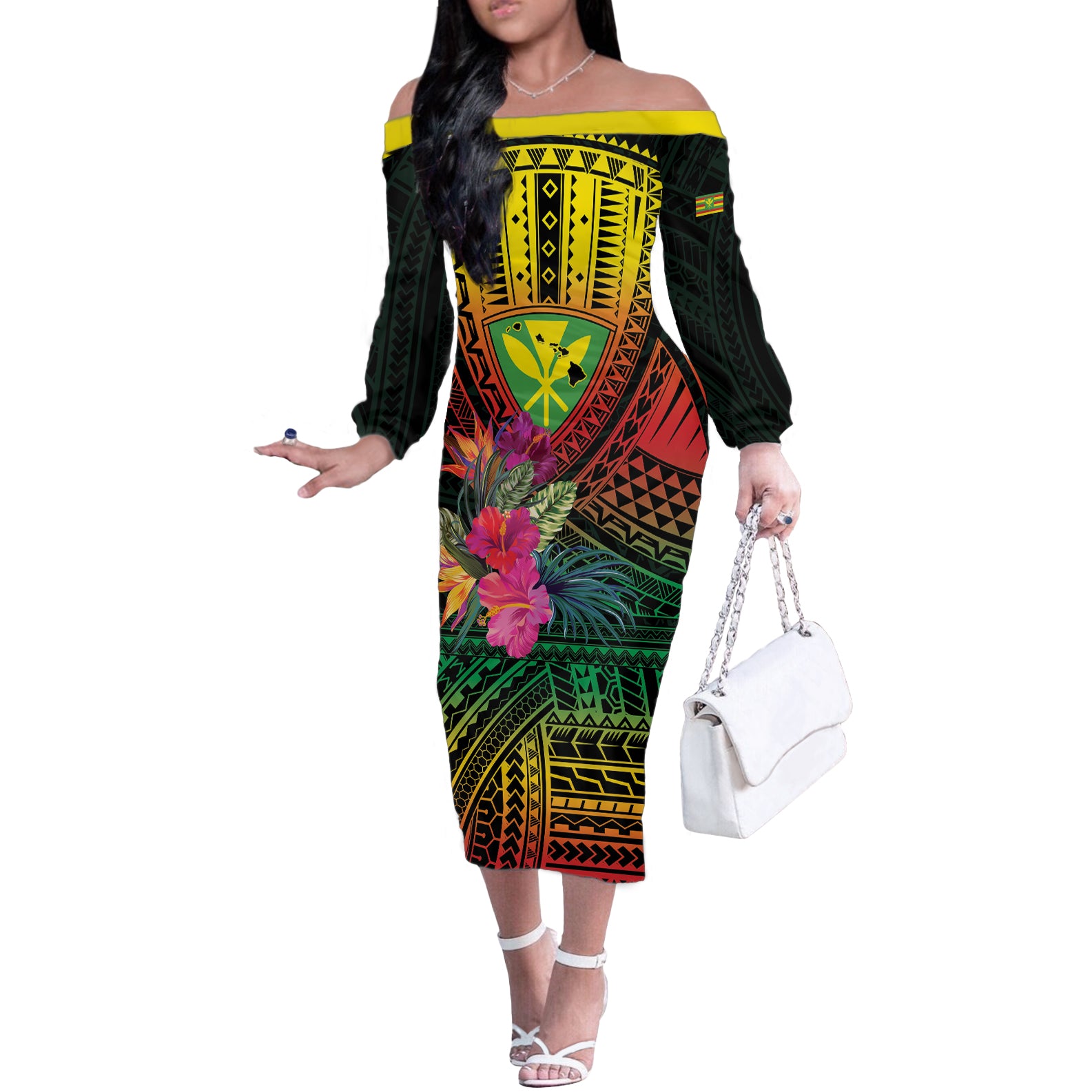 Hawaii Kanaka Maoli Flag Day Off The Shoulder Long Sleeve Dress Tropical Flowers