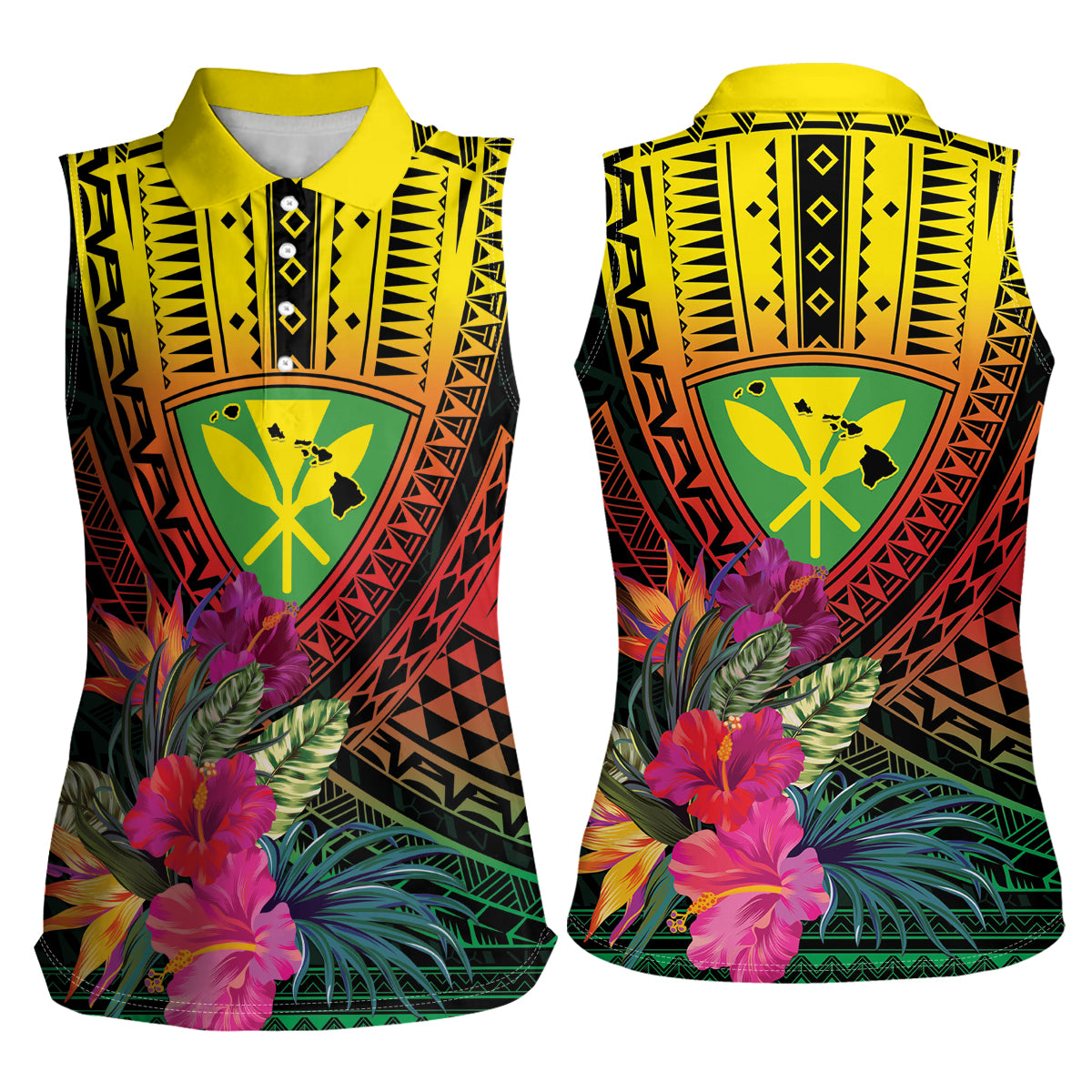 Hawaii Kanaka Maoli Flag Day Women Sleeveless Polo Shirt Tropical Flowers