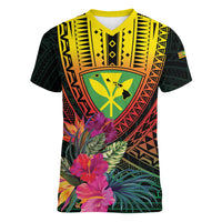 Hawaii Kanaka Maoli Flag Day Women V-Neck T-Shirt Tropical Flowers