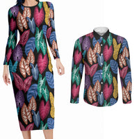 Hawaii Colorful Tropical Leaves Couples Matching Long Sleeve Bodycon Dress and Long Sleeve Button Shirt LT01 Black - Polynesian Pride