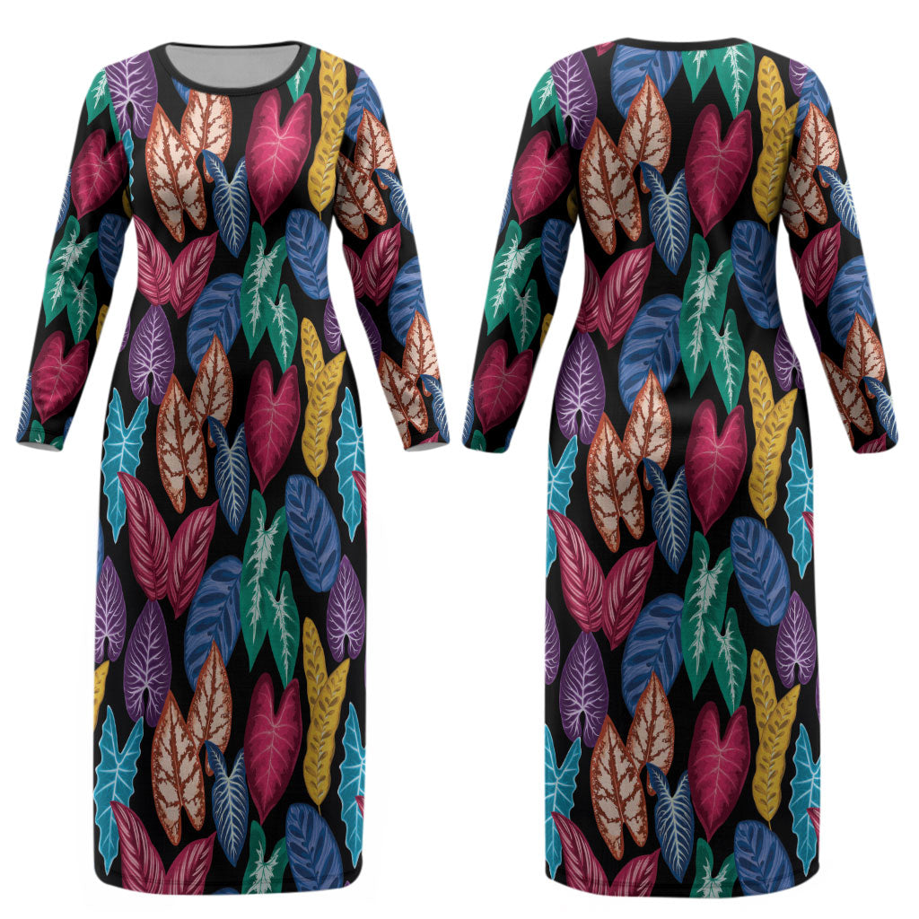Hawaii Colorful Tropical Leaves Couples Matching Long Sleeve Bodycon Dress and Long Sleeve Button Shirt LT01 - Polynesian Pride