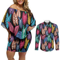 Hawaii Colorful Tropical Leaves Couples Matching Off Shoulder Short Dress and Long Sleeve Button Shirt LT01 Black - Polynesian Pride