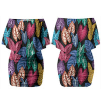 Hawaii Colorful Tropical Leaves Couples Matching Off Shoulder Short Dress and Long Sleeve Button Shirt LT01 - Polynesian Pride