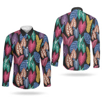Hawaii Colorful Tropical Leaves Couples Matching Off The Shoulder Long Sleeve Dress and Long Sleeve Button Shirt LT01 - Polynesian Pride