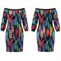 Hawaii Colorful Tropical Leaves Couples Matching Off The Shoulder Long Sleeve Dress and Long Sleeve Button Shirt LT01 - Polynesian Pride