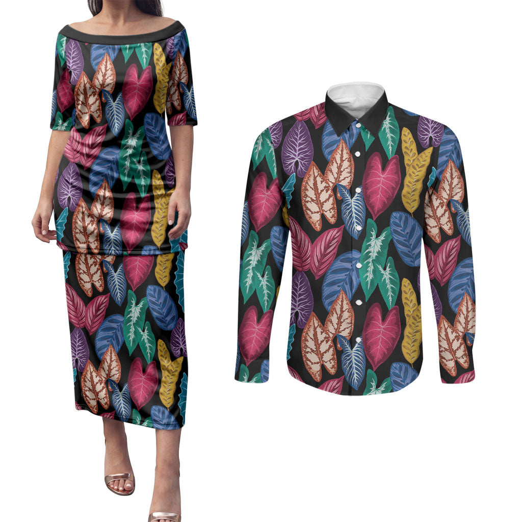 Hawaii Colorful Tropical Leaves Couples Matching Puletasi and Long Sleeve Button Shirt LT01 Black - Polynesian Pride