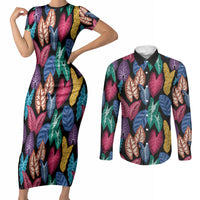 Hawaii Colorful Tropical Leaves Couples Matching Short Sleeve Bodycon Dress and Long Sleeve Button Shirt LT01 Black - Polynesian Pride