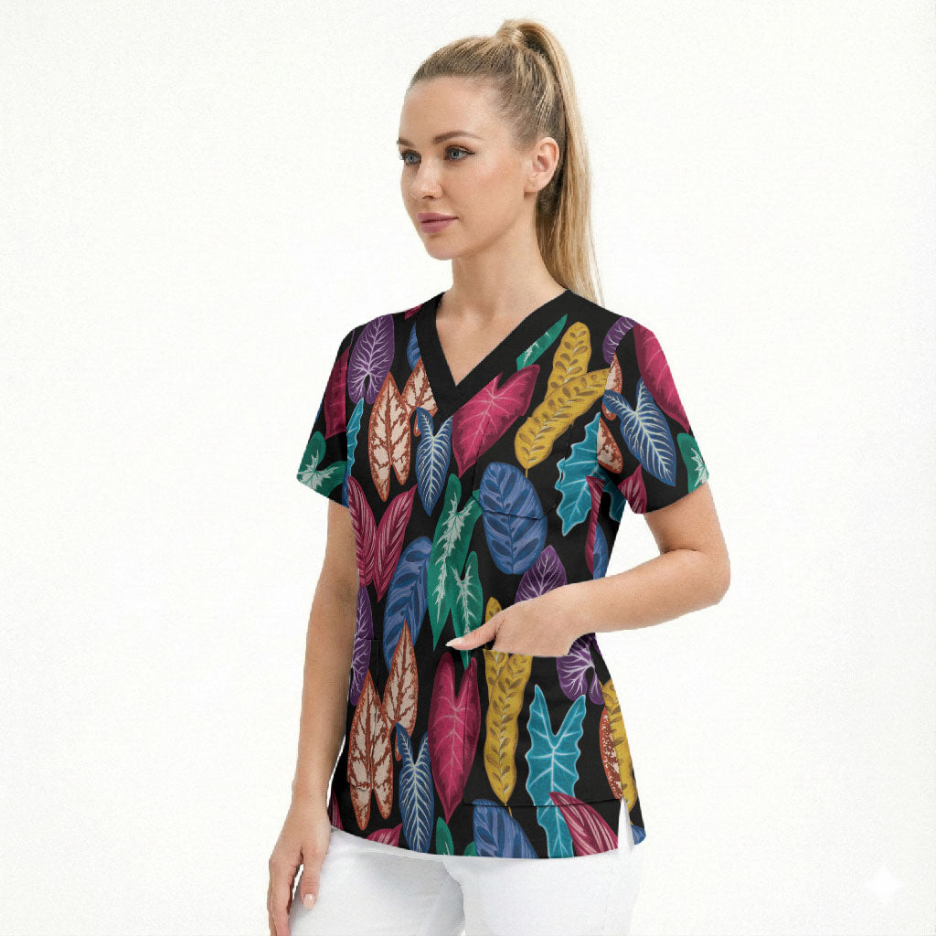 Hawaii Colorful Tropical Leaves Scrub Top LT01 - Polynesian Pride