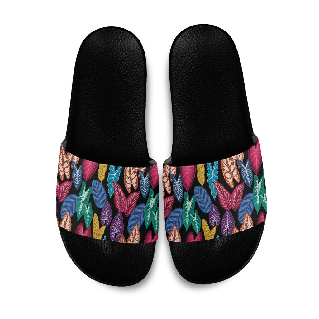 Hawaii Colorful Tropical Leaves Slide Sandals LT01 Black - Polynesian Pride