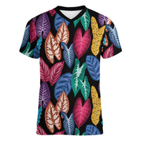 Hawaii Colorful Tropical Leaves Women V-Neck T-Shirt LT01 Female Black - Polynesian Pride