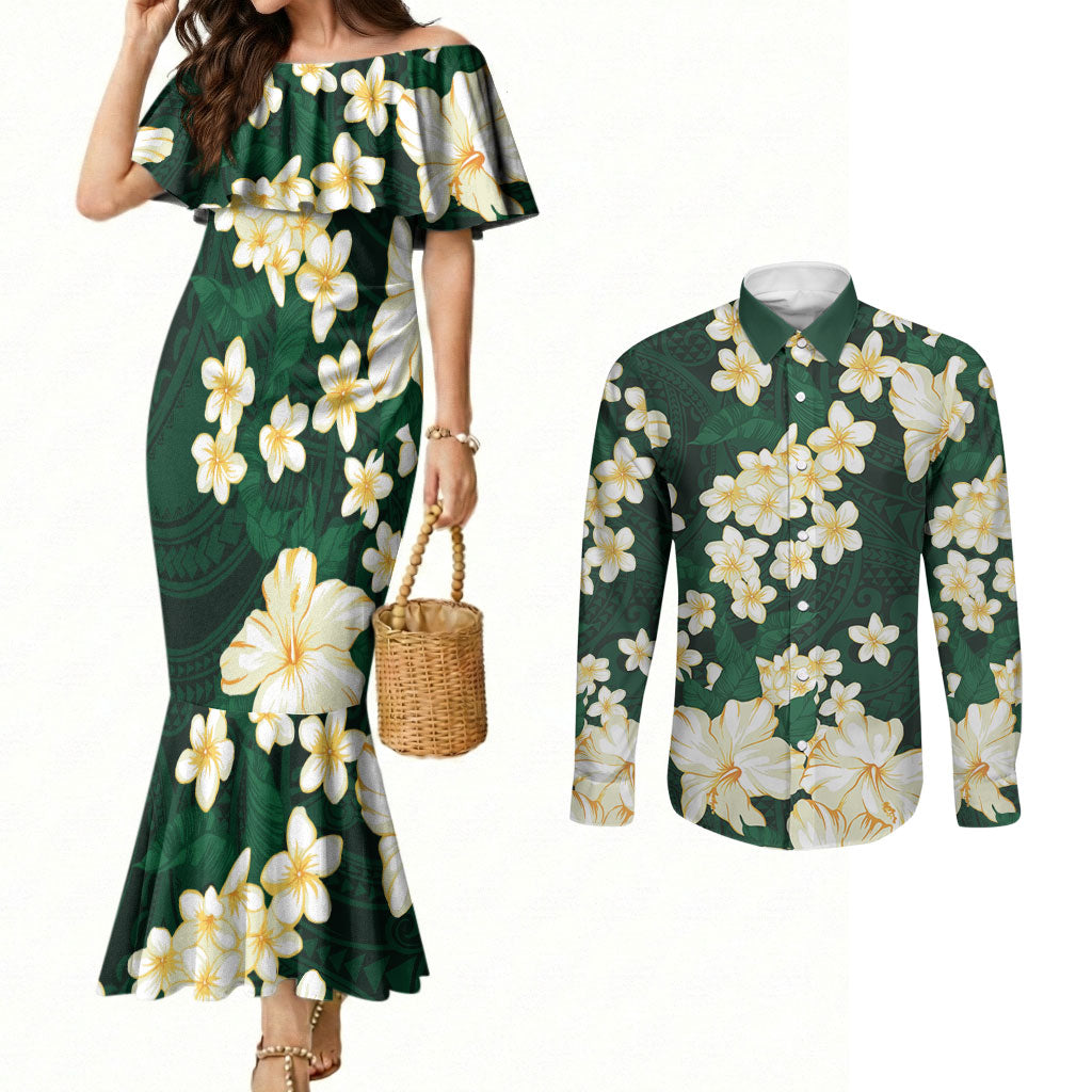 Hawaii Hibiscus Plumeria Green Couples Matching Mermaid Dress and Long Sleeve Button Shirt Polynesian Pattern LT01 Green - Polynesian Pride