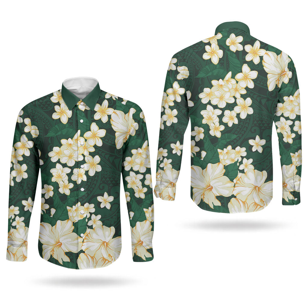 Hawaii Hibiscus Plumeria Green Couples Matching Off Shoulder Short Dress and Long Sleeve Button Shirt Polynesian Pattern LT01 - Polynesian Pride