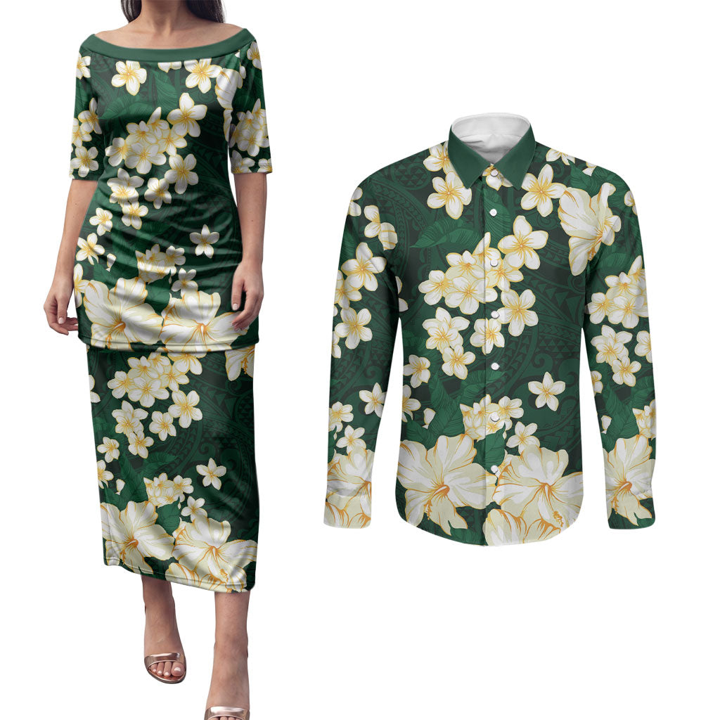 Hawaii Hibiscus Plumeria Green Couples Matching Puletasi and Long Sleeve Button Shirt Polynesian Pattern LT01 Green - Polynesian Pride