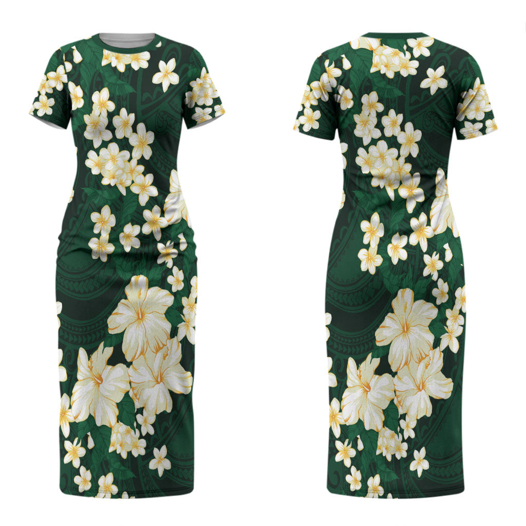 Hawaii Hibiscus Plumeria Green Couples Matching Short Sleeve Bodycon Dress and Hawaiian Shirt Polynesian Pattern LT01 - Polynesian Pride