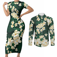 Hawaii Hibiscus Plumeria Green Couples Matching Short Sleeve Bodycon Dress and Long Sleeve Button Shirt Polynesian Pattern LT01 Green - Polynesian Pride