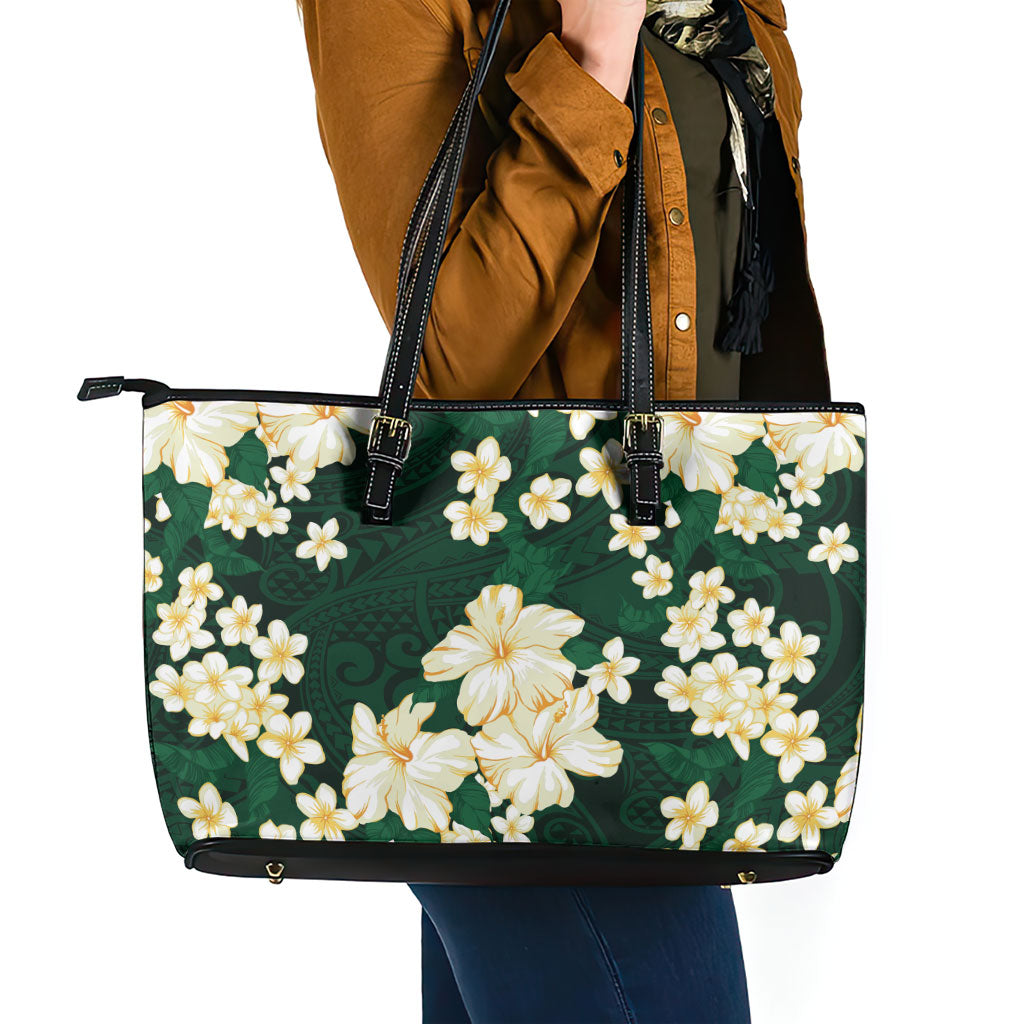 Hawaii Hibiscus Plumeria Green Leather Tote Bag Polynesian Pattern LT01 - Polynesian Pride