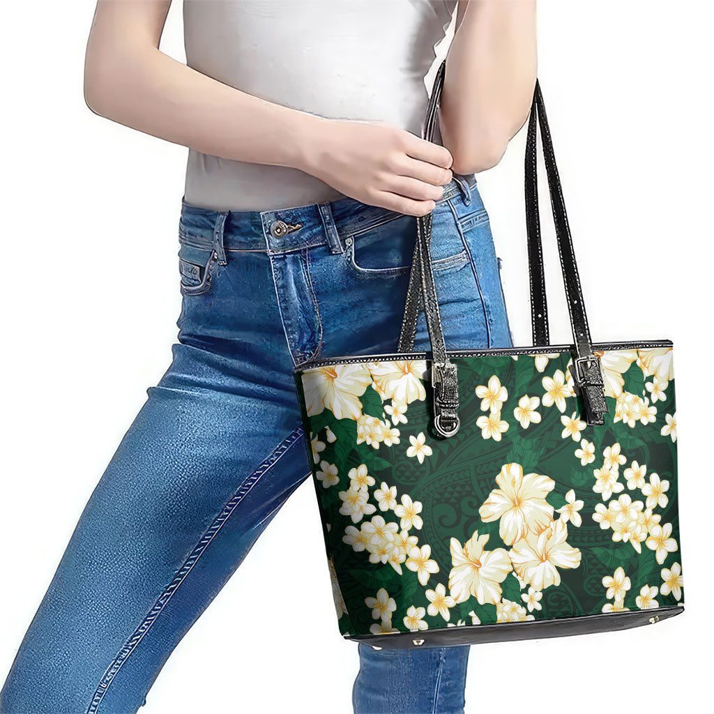 Hawaii Hibiscus Plumeria Green Leather Tote Bag Polynesian Pattern LT01 - Polynesian Pride
