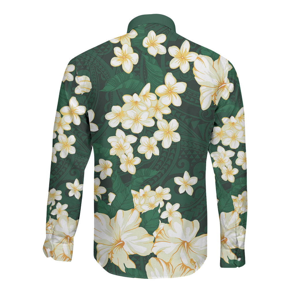 Hawaii Hibiscus Plumeria Green Long Sleeve Button Shirt Polynesian Pattern LT01 - Polynesian Pride