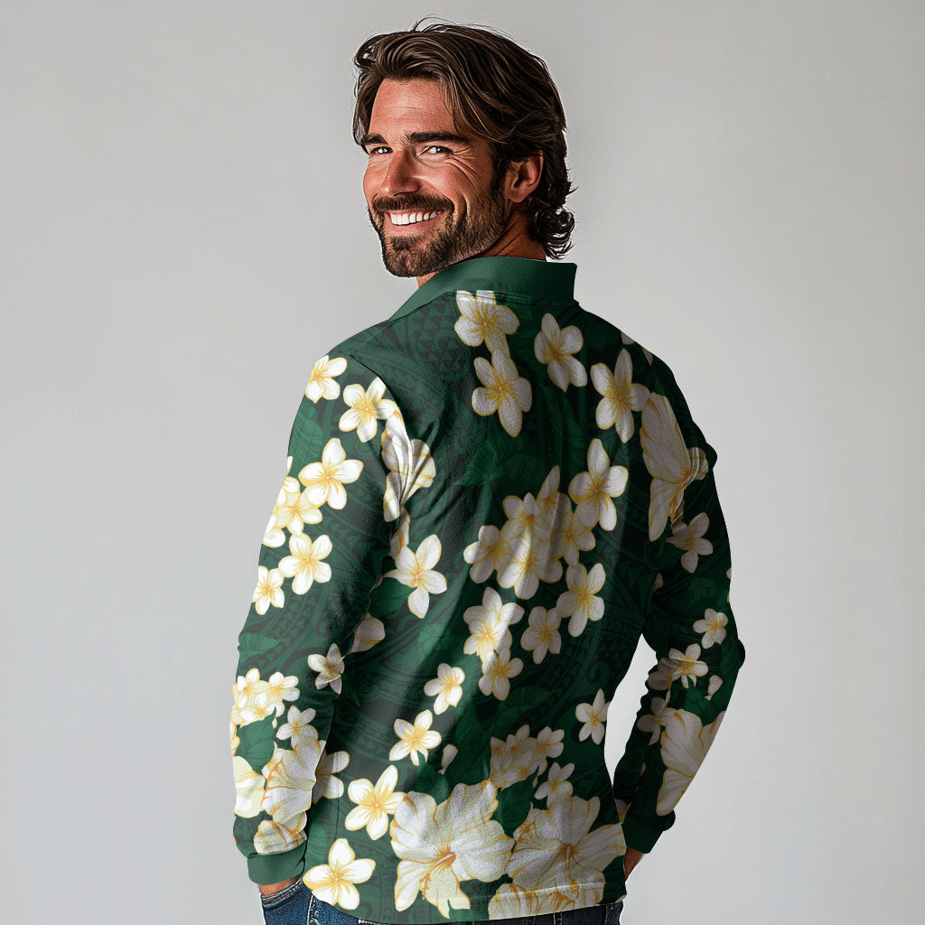 Hawaii Hibiscus Plumeria Green Long Sleeve Polo Shirt Polynesian Pattern LT01 - Polynesian Pride