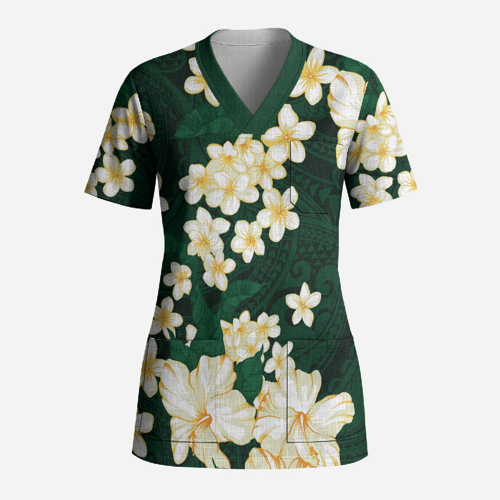 Hawaii Hibiscus Plumeria Green Scrub Top Polynesian Pattern LT01 Adult Green - Polynesian Pride
