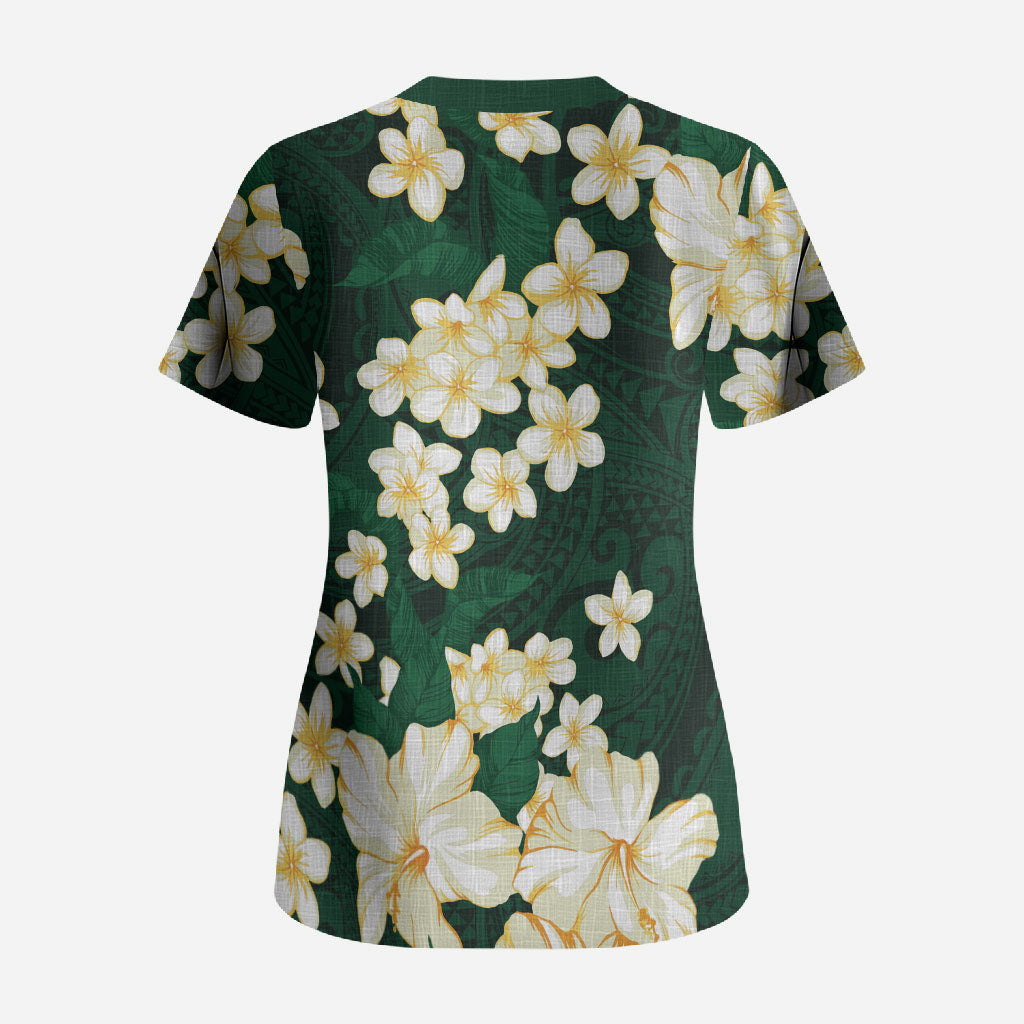 Hawaii Hibiscus Plumeria Green Scrub Top Polynesian Pattern LT01 - Polynesian Pride