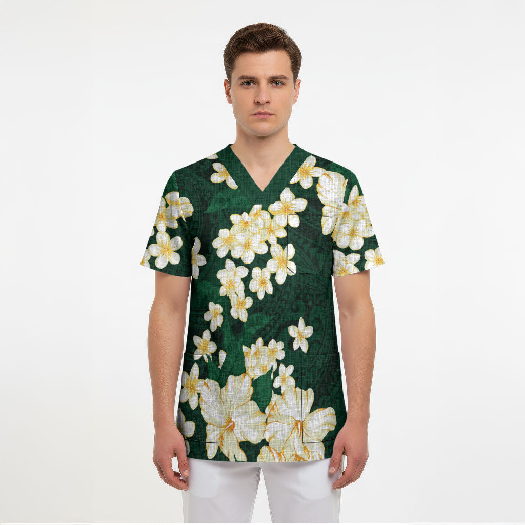 Hawaii Hibiscus Plumeria Green Scrub Top Polynesian Pattern LT01 - Polynesian Pride