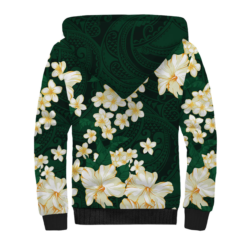 Hawaii Hibiscus Plumeria Green Sherpa Hoodie Polynesian Pattern LT01 - Polynesian Pride