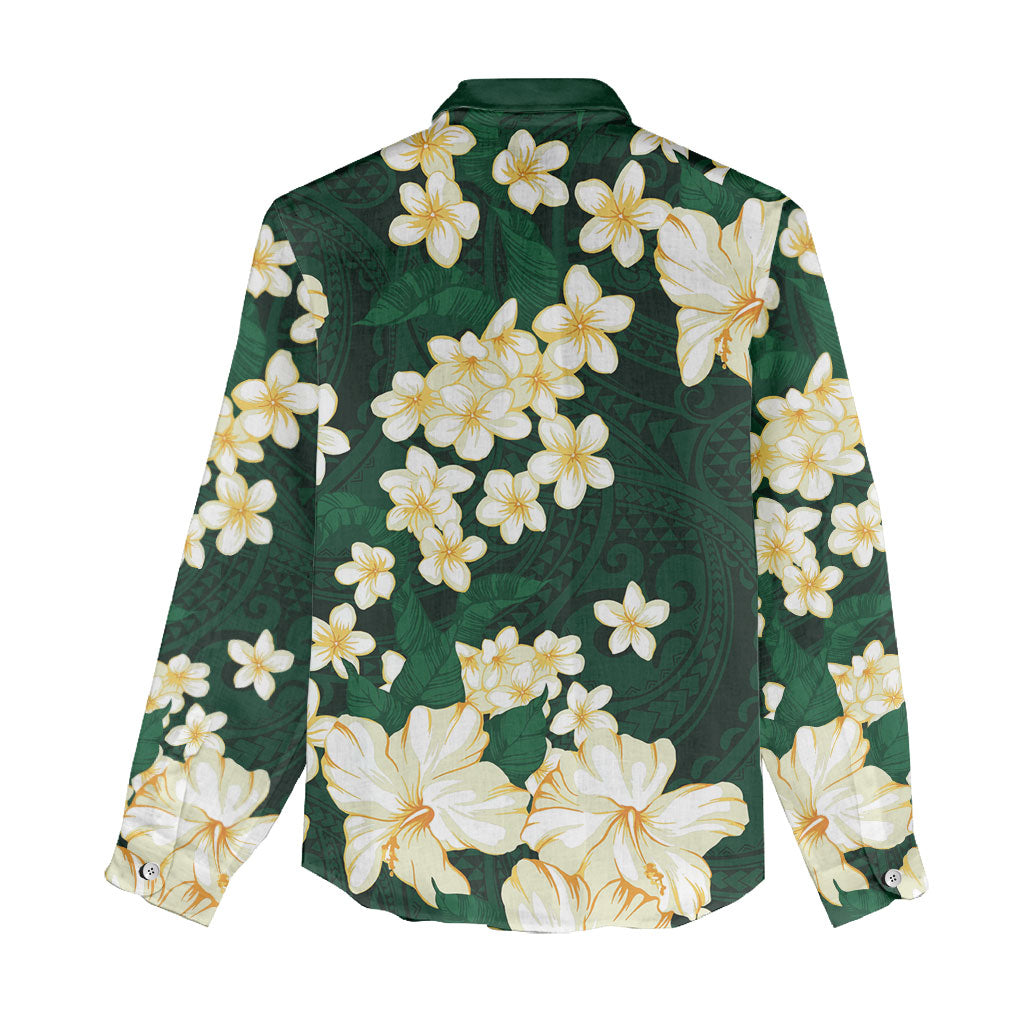 Hawaii Hibiscus Plumeria Green Women Casual Shirt Polynesian Pattern LT01 - Polynesian Pride