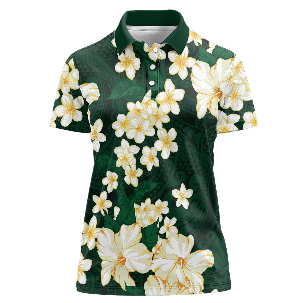 Hawaii Hibiscus Plumeria Green Women Polo Shirt Polynesian Pattern LT01 Female Green - Polynesian Pride
