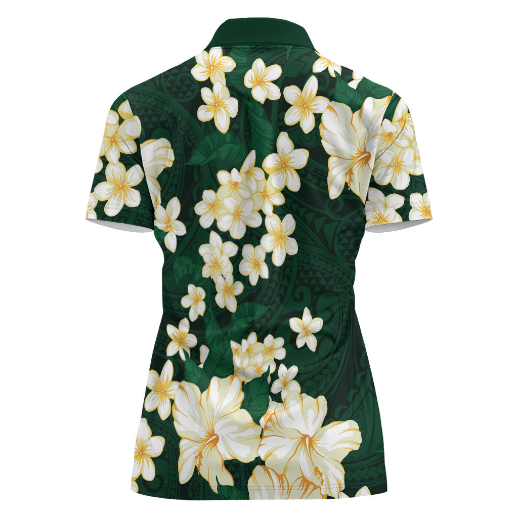 Hawaii Hibiscus Plumeria Green Women Polo Shirt Polynesian Pattern LT01 - Polynesian Pride