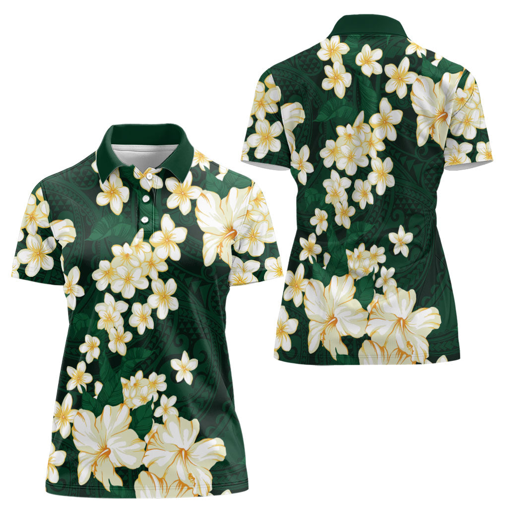 Hawaii Hibiscus Plumeria Green Women Polo Shirt Polynesian Pattern LT01 - Polynesian Pride