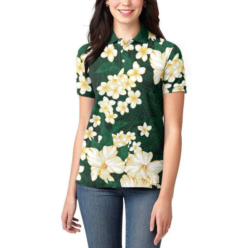 Hawaii Hibiscus Plumeria Green Women Polo Shirt Polynesian Pattern LT01 - Polynesian Pride