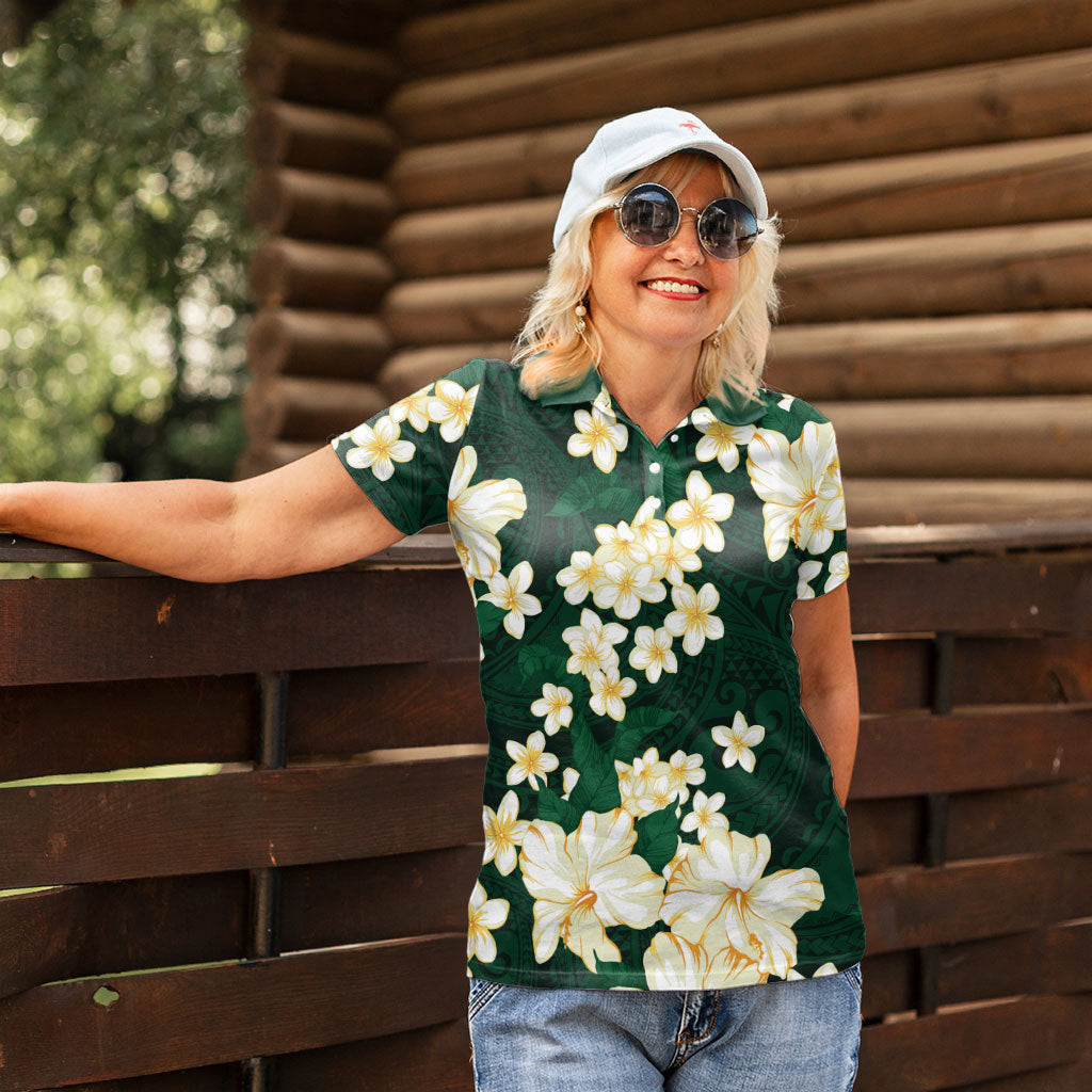 Hawaii Hibiscus Plumeria Green Women Polo Shirt Polynesian Pattern LT01 - Polynesian Pride