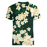Hawaii Hibiscus Plumeria Green Women V-Neck T-Shirt Polynesian Pattern LT01 - Polynesian Pride