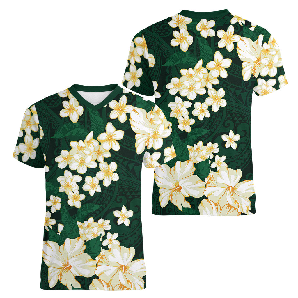 Hawaii Hibiscus Plumeria Green Women V-Neck T-Shirt Polynesian Pattern LT01 - Polynesian Pride
