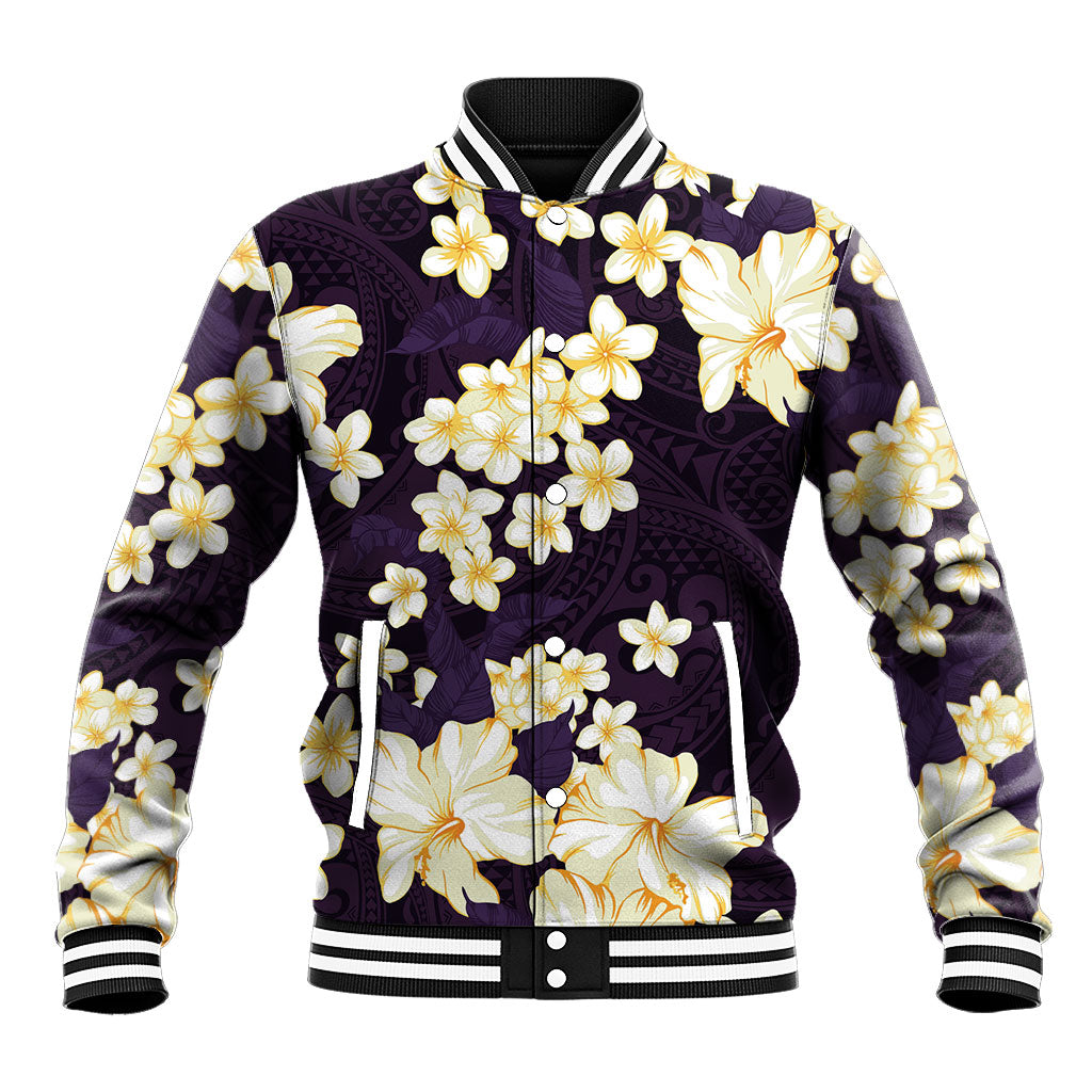 Hawaii Hibiscus Plumeria Purple Baseball Jacket Polynesian Pattern LT01 Unisex Purple - Polynesian Pride