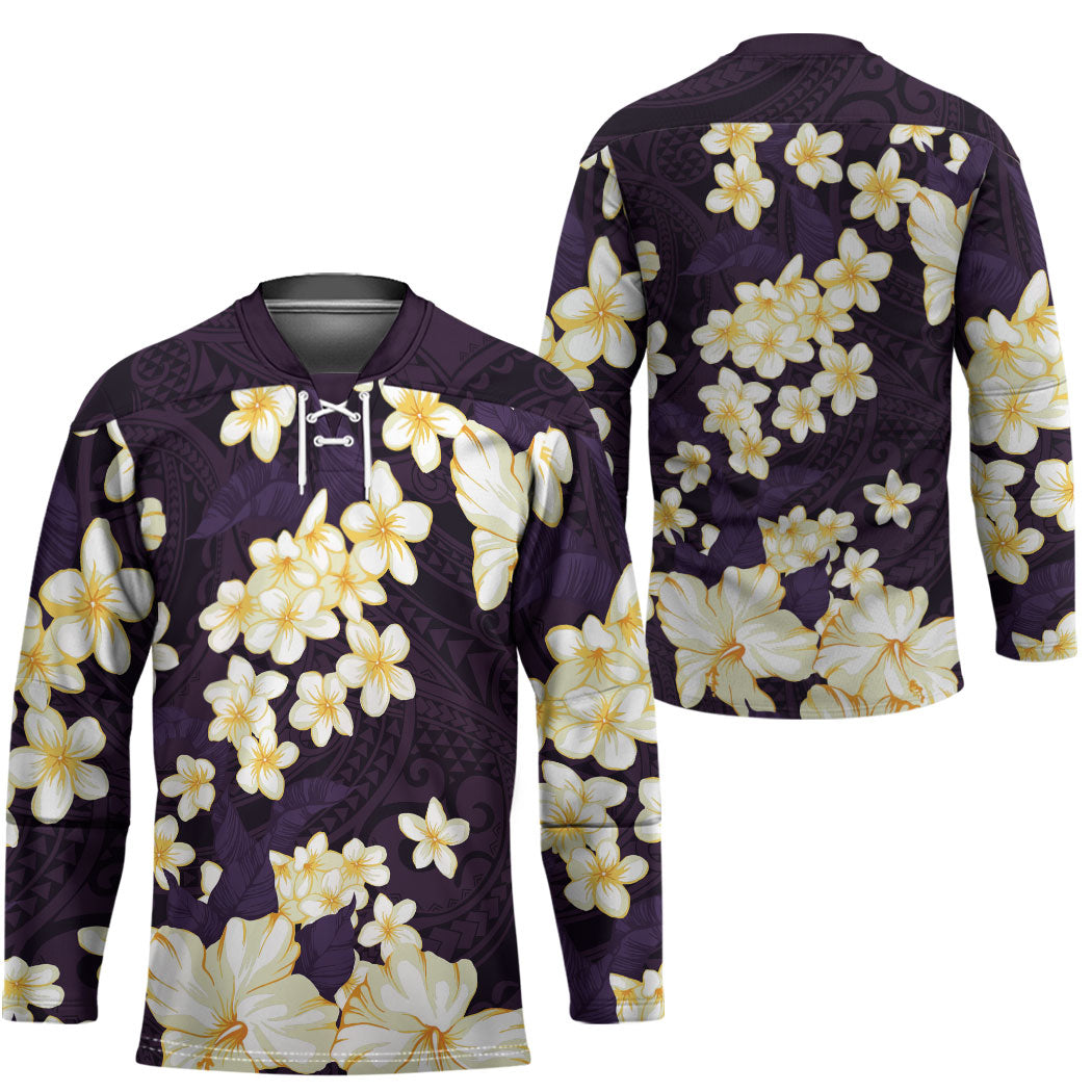Hawaii Hibiscus Plumeria Purple Hockey Jersey Polynesian Pattern LT01 - Polynesian Pride
