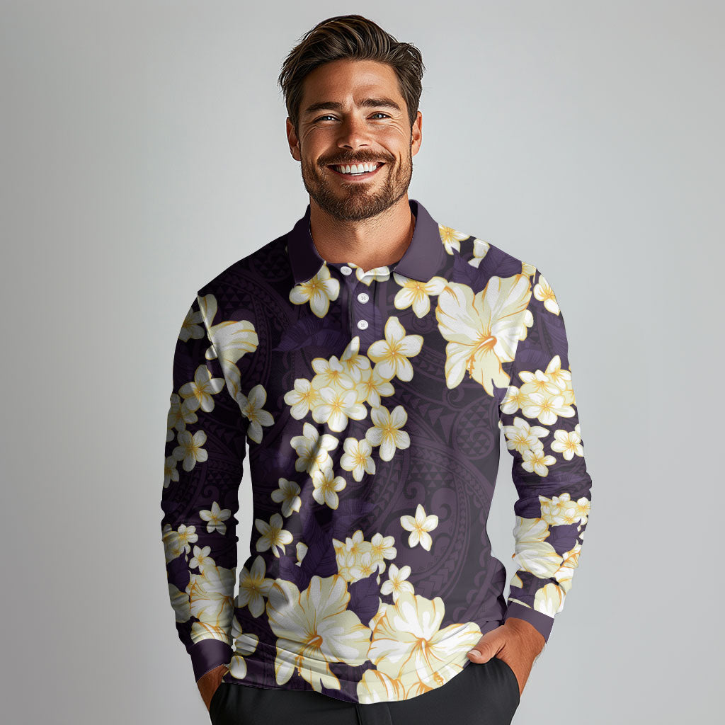 Hawaii Hibiscus Plumeria Purple Long Sleeve Polo Shirt Polynesian Pattern LT01 - Polynesian Pride